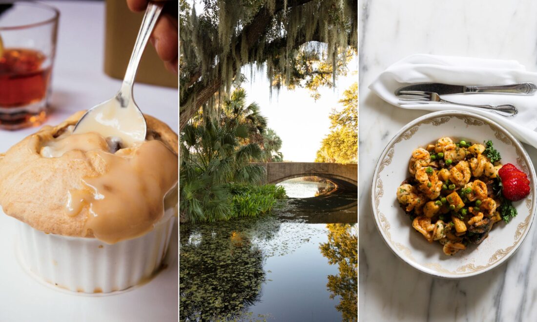 A collage of three images: bread pudding, a bridge over the water in a park, and a bowl of shrimp and peas
