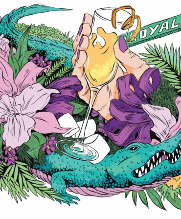 An illustration of a hand coming out of a mass of flowers and foliage with an alligator
